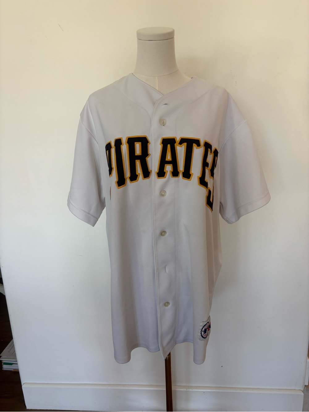 Majestic White Pirates Button-Front Baseball Jersey with Black & Gold Lettering